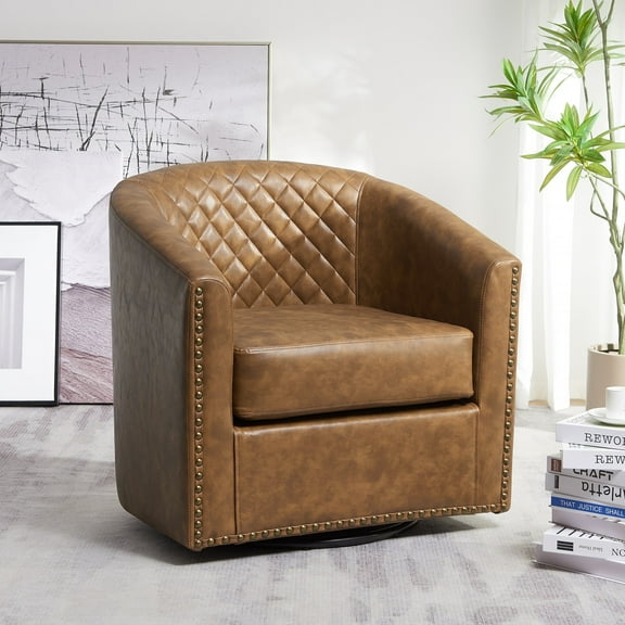 29" Wide Tufted Faux Leather Swivel Barrel Chair, PU Leather Modern Upholstered Accent Chairs with Nailhead Trim, Small Armchair for Living Room Bedroom, Coffee