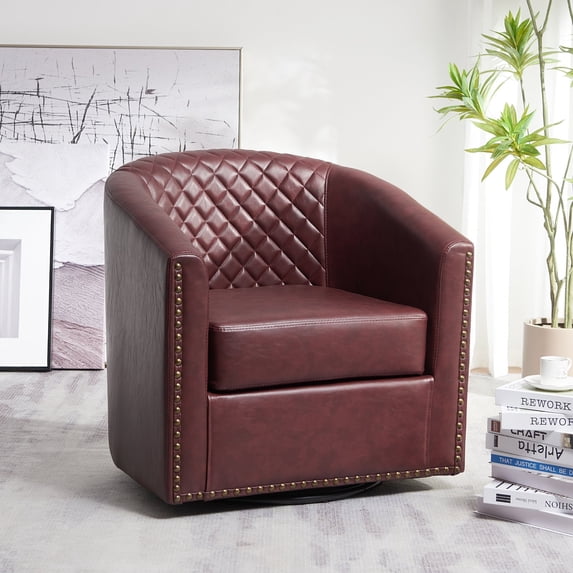 29" Wide Tufted Faux Leather Swivel Barrel Chair, PU Leather Modern Upholstered Accent Chairs with Nailhead Trim, Small Armchair for Living Room Bedroom, Red