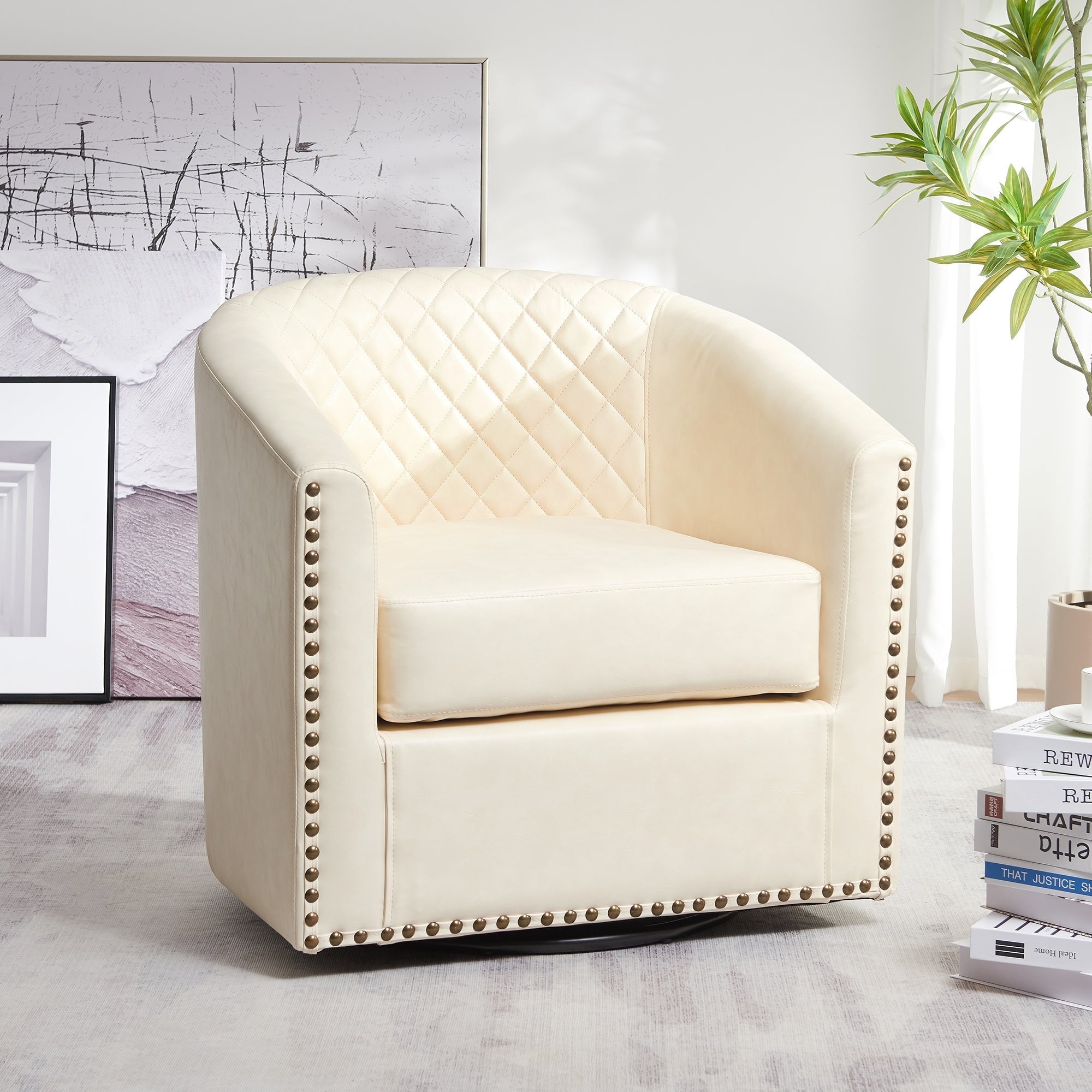 29" Wide Tufted Faux Leather Swivel Barrel Chair, PU Leather Modern ...