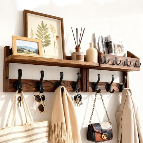 29" Wooden Wall Mounted Coat Rack with Shelf- 4-in-1 Entryway Organizer with 11 Hooks (7 Coat Hooks  4 Key Hooks), Mail Holder & Display Shelf for Living Room, Bedroom (NOT Come Assembled)