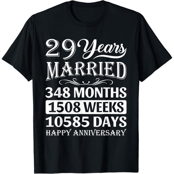 29 Years Married - Happy 29th Wedding Anniversary T-ShirtMen and women, Black T-shirt, size: Extra large S-4XL