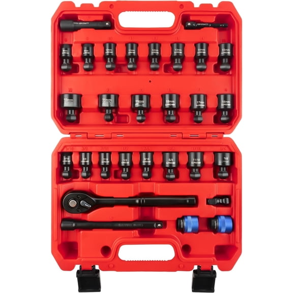 29 count Swivel Socket Set, Quick Release Design, CR-MO 3/8 Swivel Sockets Metric(8-22mm)&Sae(5/16"-3/4"), Wobble Socket Set with Ratchet Wrench, Extension Bar and Adapters.