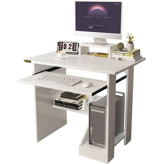 29 in Computer Desk with Monitor Stand and Keyboard Tray for Small Space, Wood PC Laptop for Bedroom, Writing Table with Shelves for Study, White