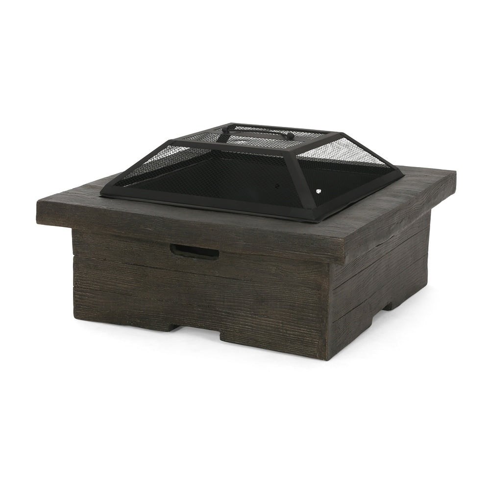 29 in. Gray Square Wood Burning Fire Pit with a Mesh Screen Cover, Lightweight Concrete Patio Garden Fire Pit for Family Gathering