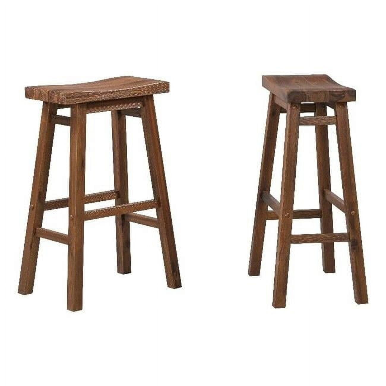 Chestnut Brown Solid Wood Backless Saddle Bar Stools, Set of 2