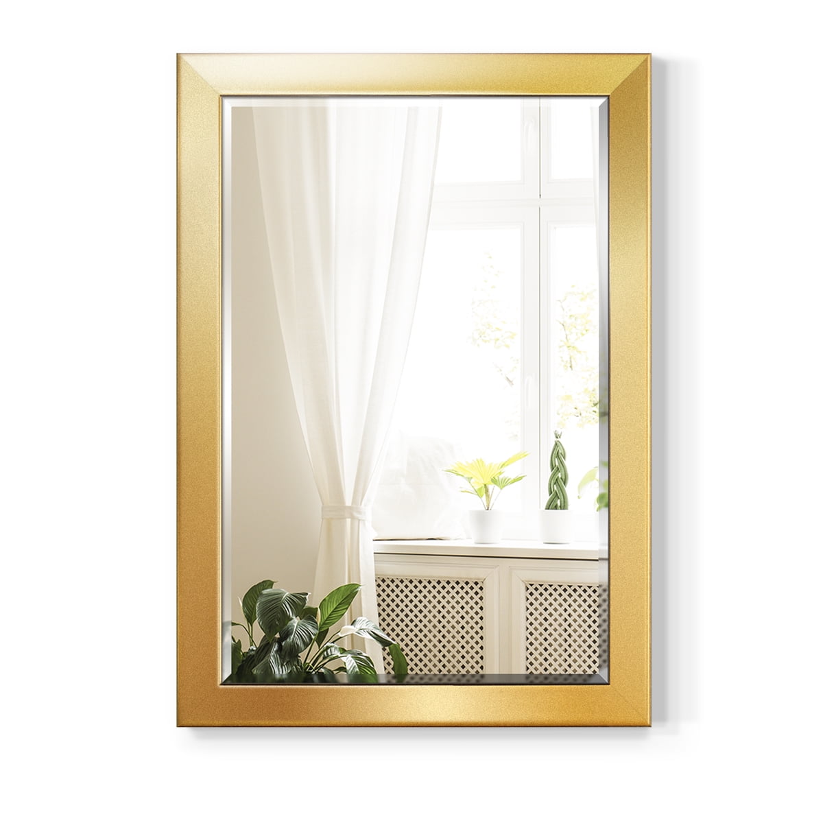 29 in. W x 41 in. H Framed Rectangle Beveled Edge Wood Mirror in Solid Gold