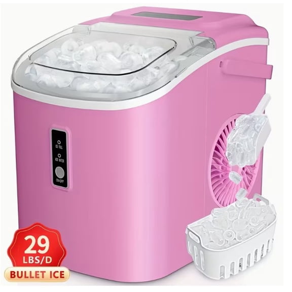 29 lb Portable Countertop Ice Maker Machine, Makes 9 Bullet Ice Cubes in 6 Minutes, Self-Cleaning Ice Maker with Ice Basket & Scoop, Compact Ice Machine for Home, Office, RV & Camping, Pink