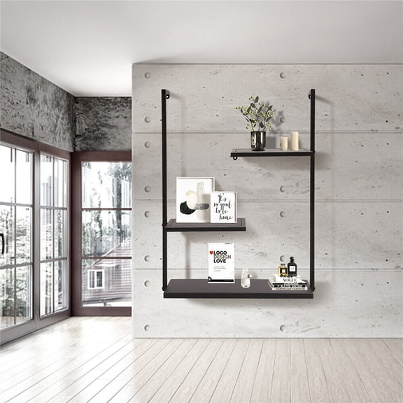 29" x 22" Black 3-Tier Wall Shelf Organizer Rustic Industrial Floating Bookshelf for Home & Office Storage