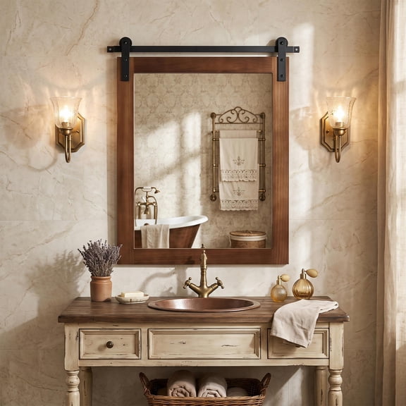 29" x 23" Farmhouse Wall Mirror with Barn Door Metal Rail and Pine Wood Frame, Rustic Brown Bathroom Vanity Mirror