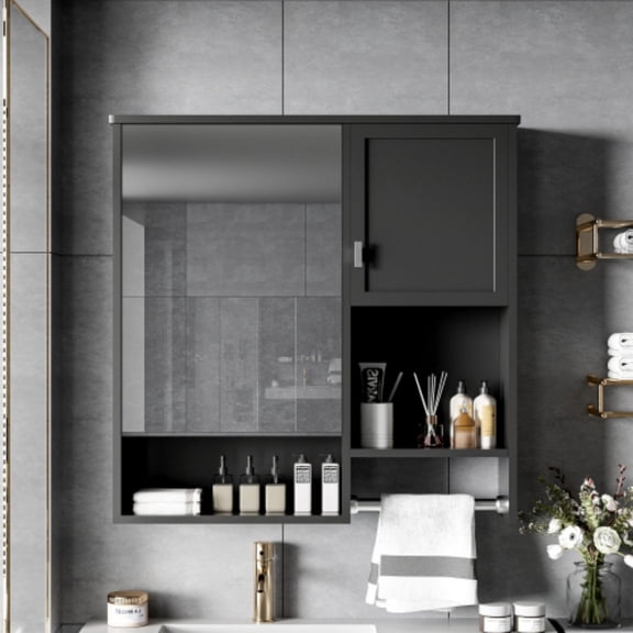 29"x 28" Modern Wall Mounted Bathroom Medicine Cabinet with Mirror, Over The Toilet Storage Cabinet, Adjustable Shelf Bathroom Wall Cabinet with Towel Bar, Black