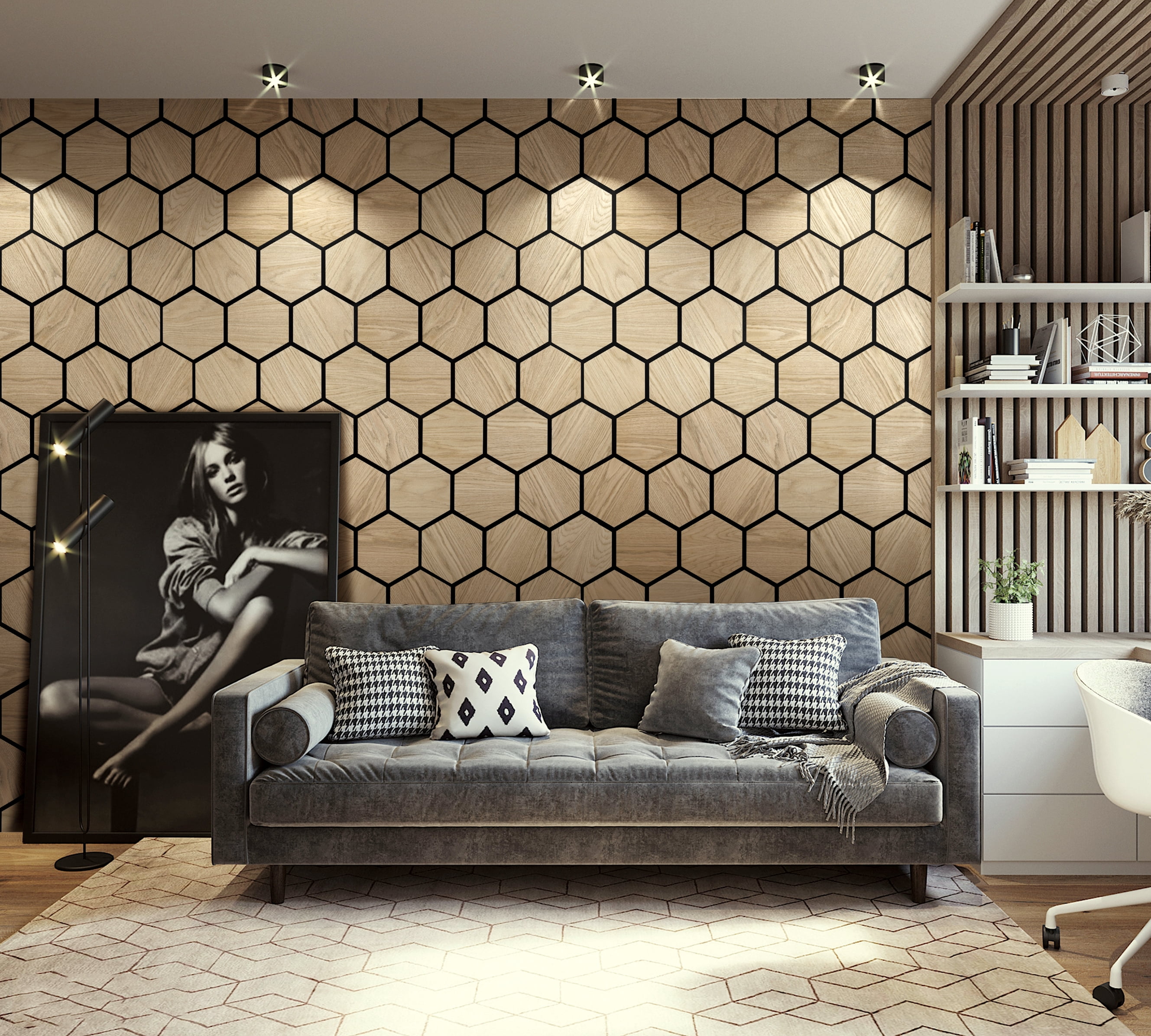 29"x23.8" 3D Hexagon DIY Acoustic Wall Paneling Natural Wood Veneer