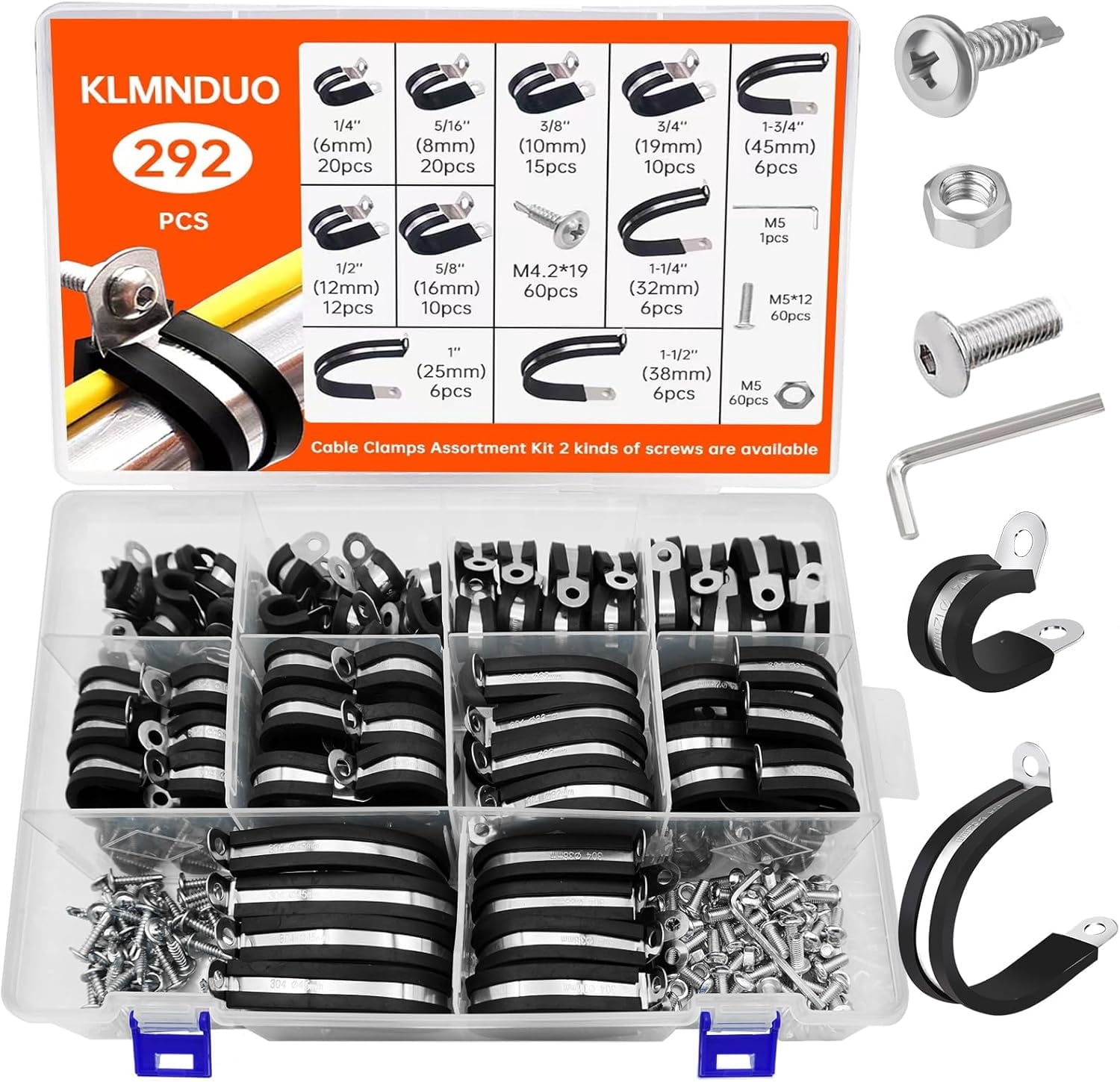 292PCS Cable Clamps Assortment Kit, 10 Sizes-1/4 5/16" 3/8" 1/2" 5/8" 3/4" 1" 1-1/4" 1-1/2" 1-3/4" 304 Stainless Steel Pipe Clamp with 2 Kinds of Screws for Hose,Tube,Automotive,Fuel Line
