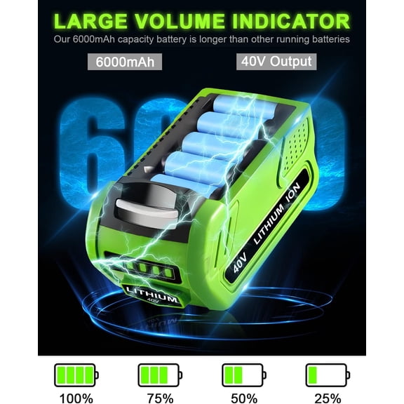 29472 6000mAh Replacement Battery for GreenWorks 40V Cordless Lawn Mower Leaf Blower Chainsaw Snow Shovel 2-Pack High Capacity Lithium Ion