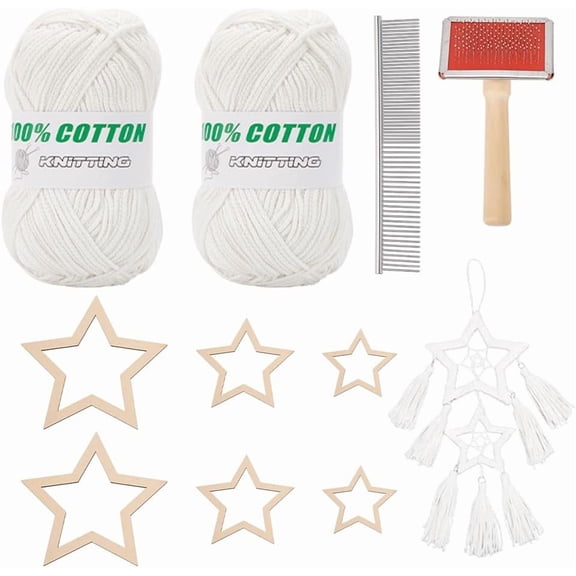 295 Yards/270m 2mm Premium Polyester Macrame Cord Crochet Thread Polyester Crochet Bag Yarn Kit with 6Pcs Wooden Star Frames 2Pcs Tassel Combs for Macrame Decorations Crafts - White White DIY