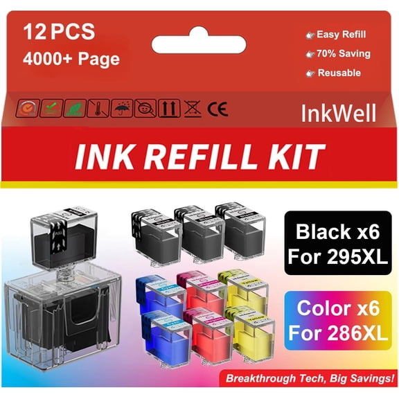 295XL 286XL Ink Refill Kit for Canon 295XL 286XL Ink Cartridges Compatible with Canon 295 286 PG-295XL CL-286XL Work with Pixma TS6520 TS4320 TR7120 (12 Pack, 6BK/2C/2M/2Y)