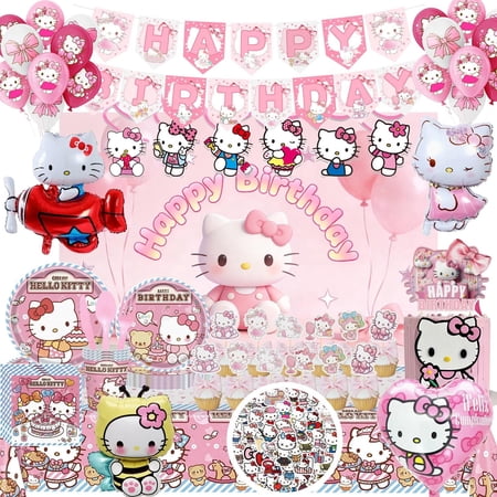 296 Pcs Cute Cat Birthday Party Decoration Set - Cake Toppers, Banner, Backdrop, Table Cloth, Balloon