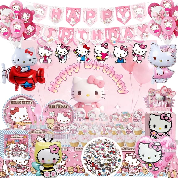 296 Pcs Cute Cat Birthday Party Decoration Set - Cake Toppers, Banner, Backdrop, Table Cloth, Balloon