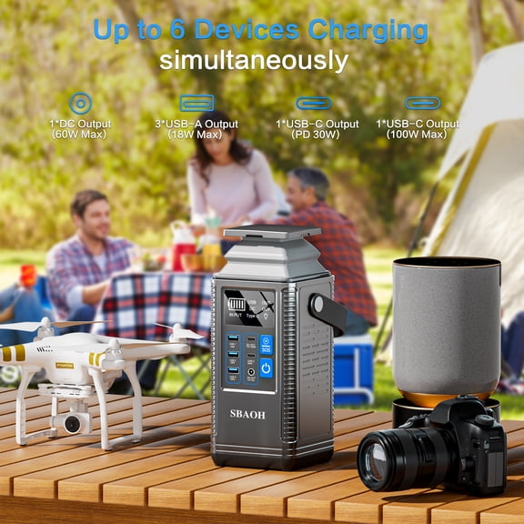 296Wh Portable Power Station 80000mAh Lithium Battery Generator with 100W PD Fast Charging, 6 Output Ports AC USB QC3.0 DC, Compact Emergency Backup Power Supply for Outdoor Camping Home RV Travel