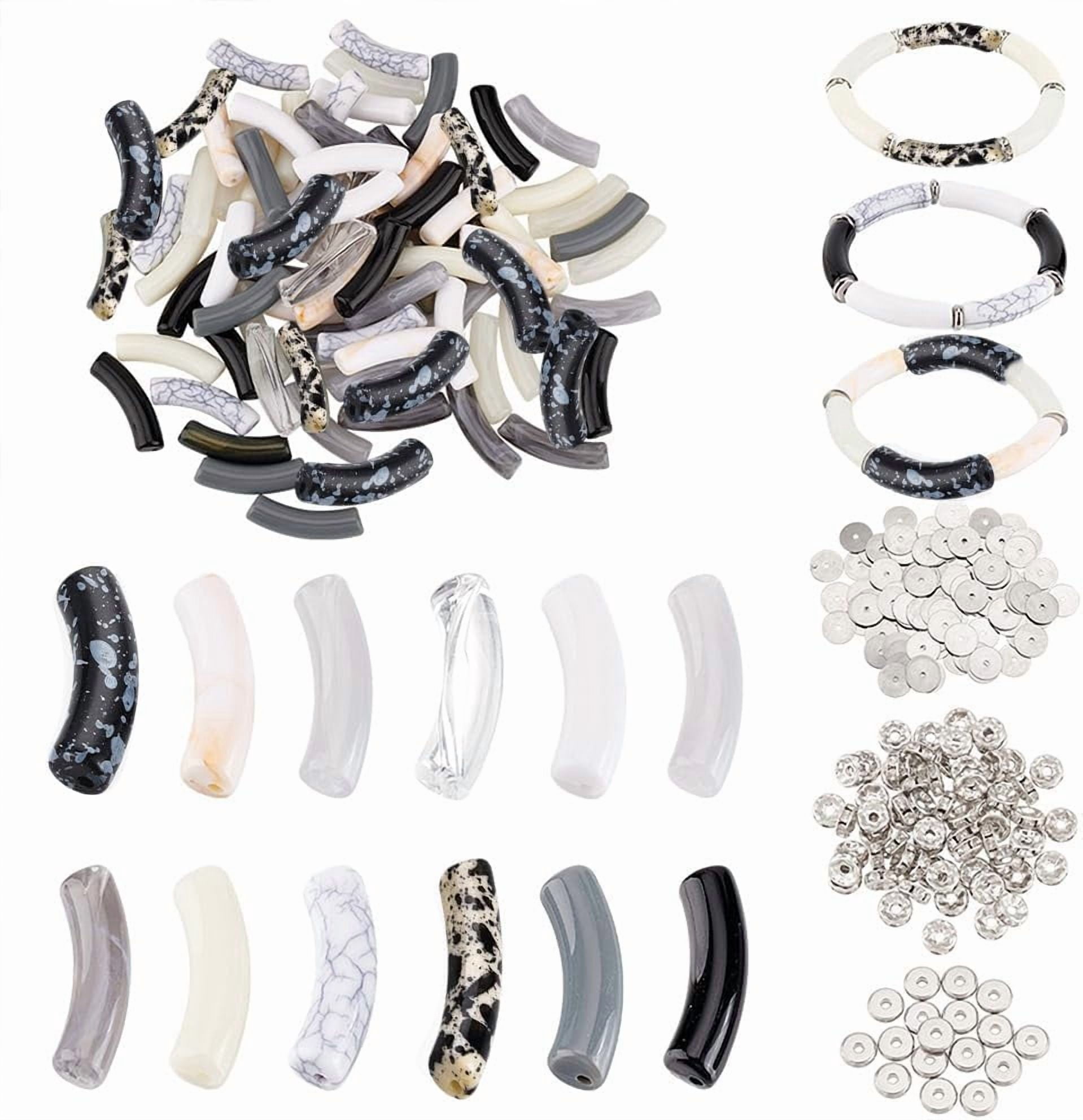 296pcs Acrylic Tube Beads for Bracelets Making Tube Bangles Bracelet Black White Curved Tube Beads Noodle Slide Beads with Spacer Beads for Necklace Bracelet Jewelry Making