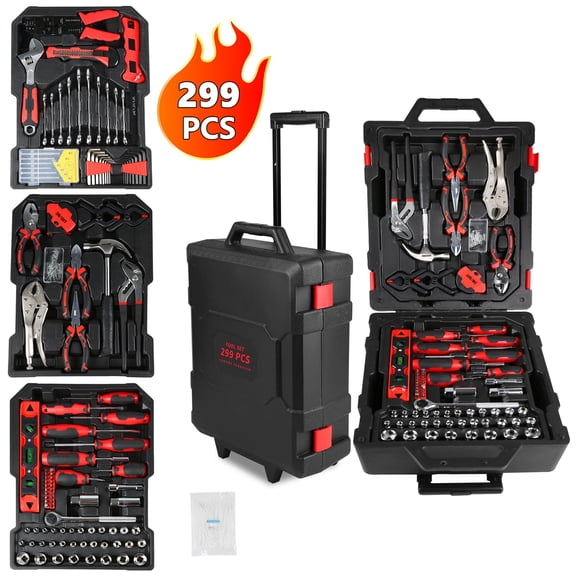 299PCS Tool Set with Rolling Tool Box, Heat-Treated Chrome Finish