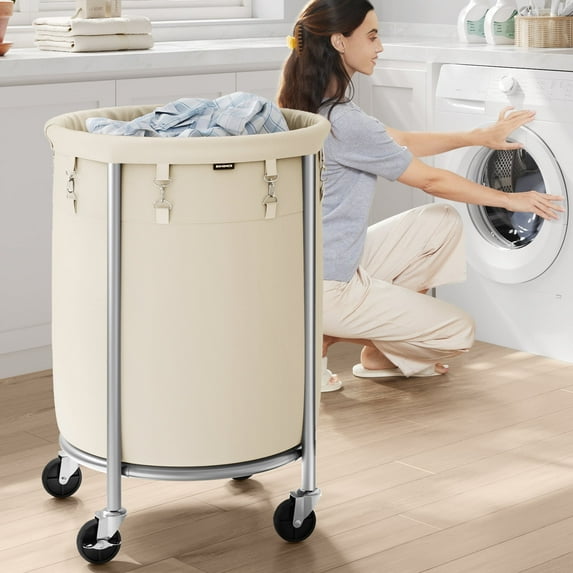 29Gal Round Laundry Sorter Laundry Hamper with Wheels Rolling Laundry Cart with Removable Bag for Laundry Room Cream and Silver