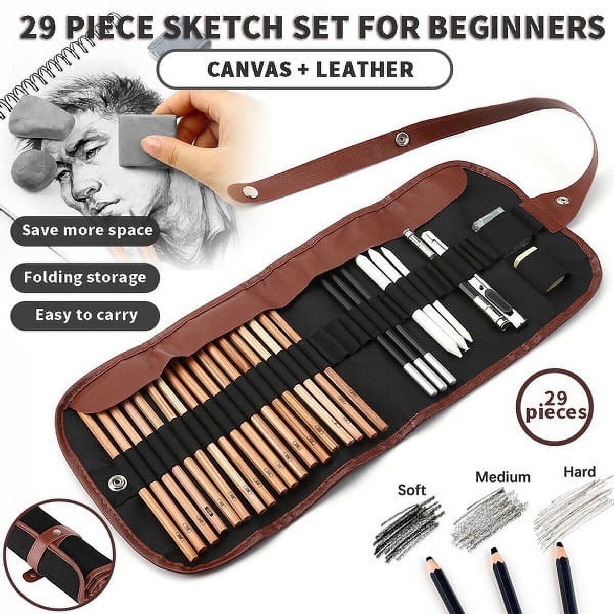 29PCS Professional Drawing Pencils and Sketch Kit,Sketching Charcoal Set,Art Supply Tools for Kids,Teens,Adults