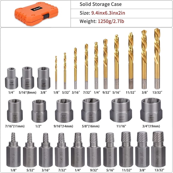29PCS Screw&Bolt Extractor Set and Left Drill Bit Kit, Easy Out Broken Lug Nut Extraction Socket Set for Damaged, Frozen, Studded, Rusted, Rounded-Off Bolts, Nuts & Screws
