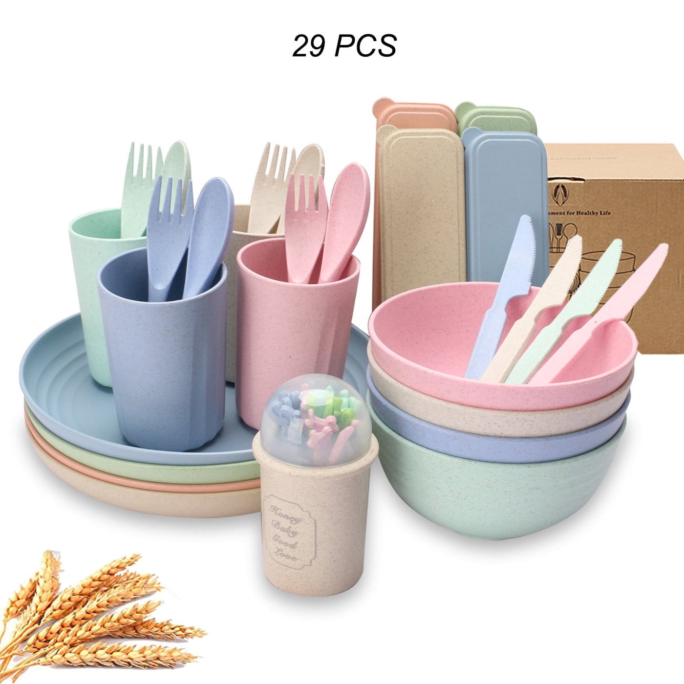 29PCS Wheat Straw Dinnerware Sets Lightweight & Unbreakable Dishes