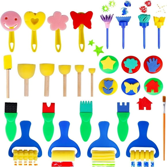 29Pcs Kids Painting Sponges Brushes Set, Sponge Paint Brush Set Washable Paint Sponges for Kids Birthday Gift