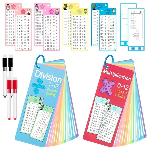 29Pcs Multiplication and Division Flash Cards, Math Flash Card with 4 Dry Erase Pens 2 Rings, Time Table Flash Cards for 1st to 3rd Grades Fun Learning with Math Game