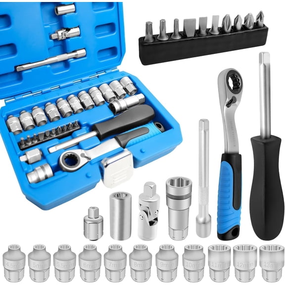 29Pcs Pass Through Ratchet Socket Wrench Kit,CR-V SteelLow Profile,Long Bolts.