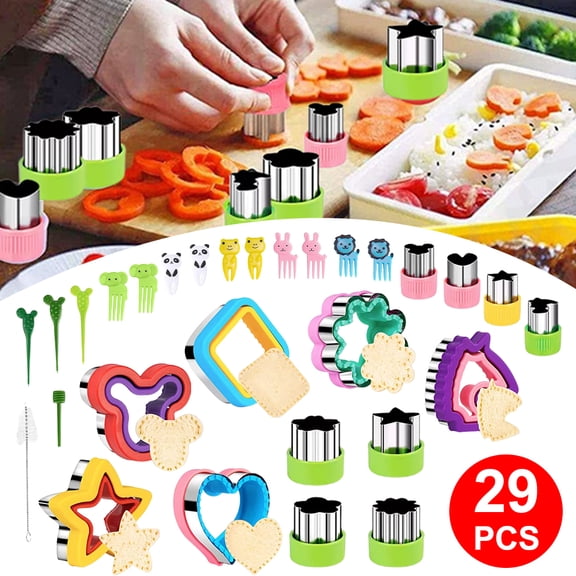 29Pcs Sandwich Cutter and Sealer Set, 3 in 1 Stainless Steel Cookie Vegetable Fruit Cutters with Protective PP Cover, Assorted Shapes Bread Mold for Kids Lunch Bento Picnic