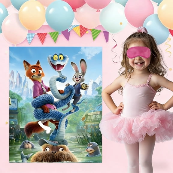 29Pcs Zoo Utopia Judy And Nick Anime Cartoon Birthday Party Decoration & Game Kit Blindfold Pin the Sticker Game with 24 Reusable Stickers, Party Favors, and Decorations