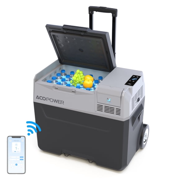 42Qt 12V Portable Car Freezer with 6-Inch Wheels | Smart app control, 40dB low noise operation, and dual cooling ideal for outdoor camping trips