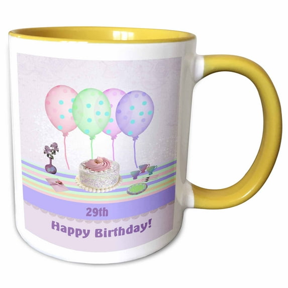3drose, 29th White Icing Cake with Balloons and Vase of Flowers, Pastels, 11oz Two-tone Yellow Mug