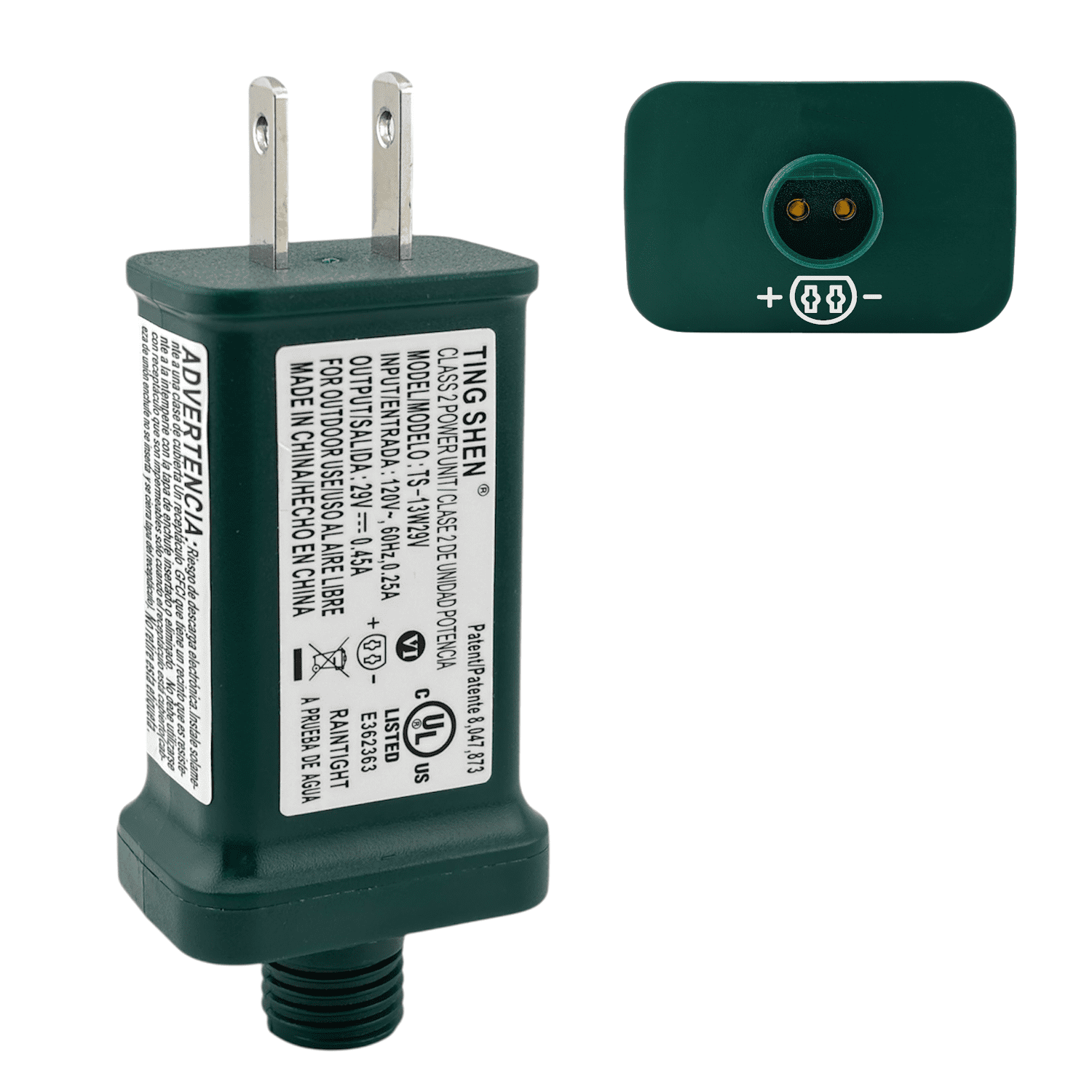 29V 0.45A Power Supply Class 2 LED Transformer LED Raintight IP44 US Plug Adapter, Seasonal-Use LED Driver for LED String Light, Holiday Lighting, Christmas X-Mas Tree TS-13W29V - Left Positive