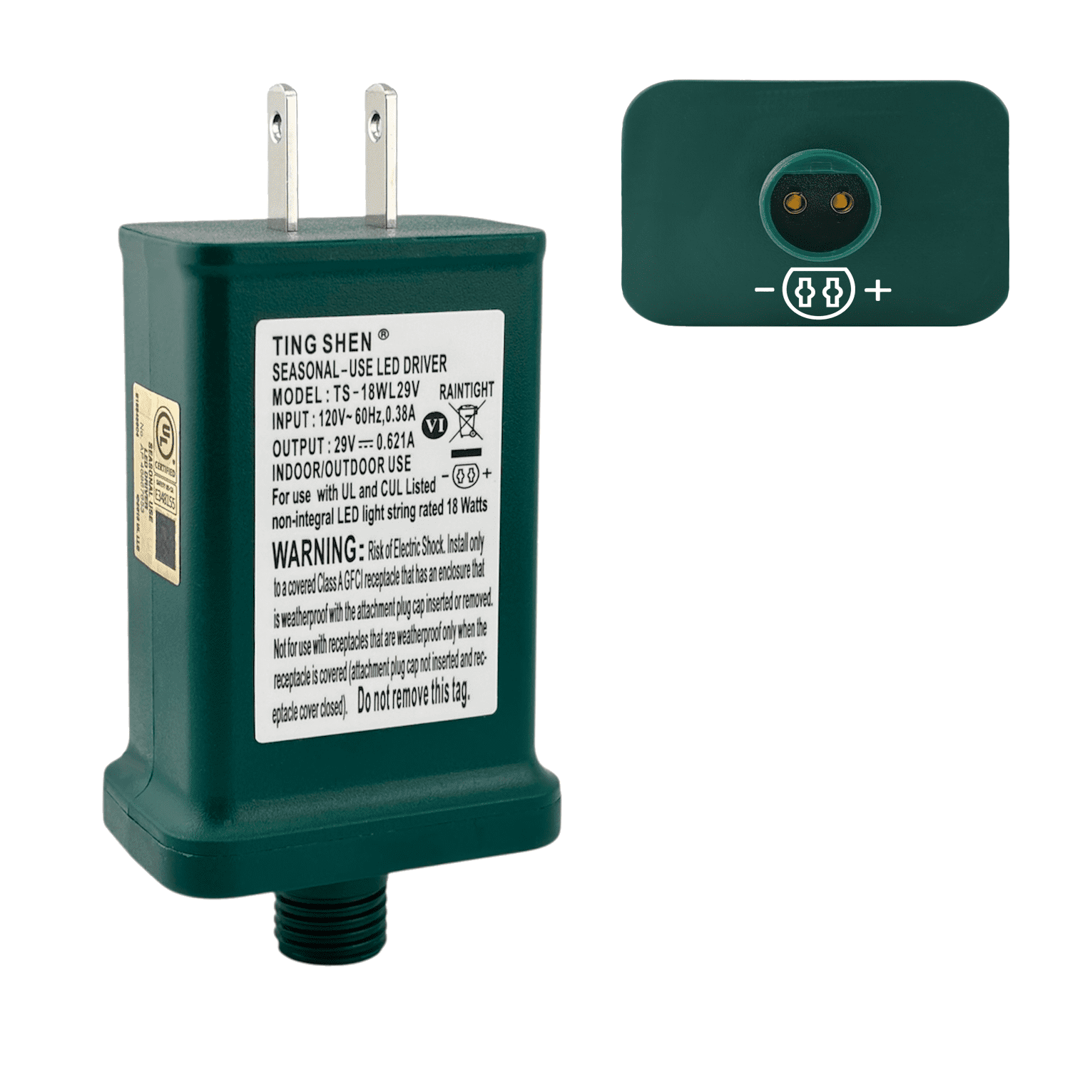 29V 0.621A Power Supply Class 2 LED Transformer LED Raintight IP44 US Plug Adapter, Seasonal-Use LED Driver for LED String Light, Holiday Lighting, Christmas X-Mas Tree TS-18WL29V - Right Positive