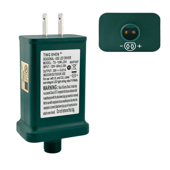 29V 0.621A Power Supply Class 2 LED Transformer LED Raintight IP44 US Plug Adapter, Seasonal-Use LED Driver for LED String Light, Holiday Lighting, Christmas X-Mas Tree TS-18WL29V - Right Positive