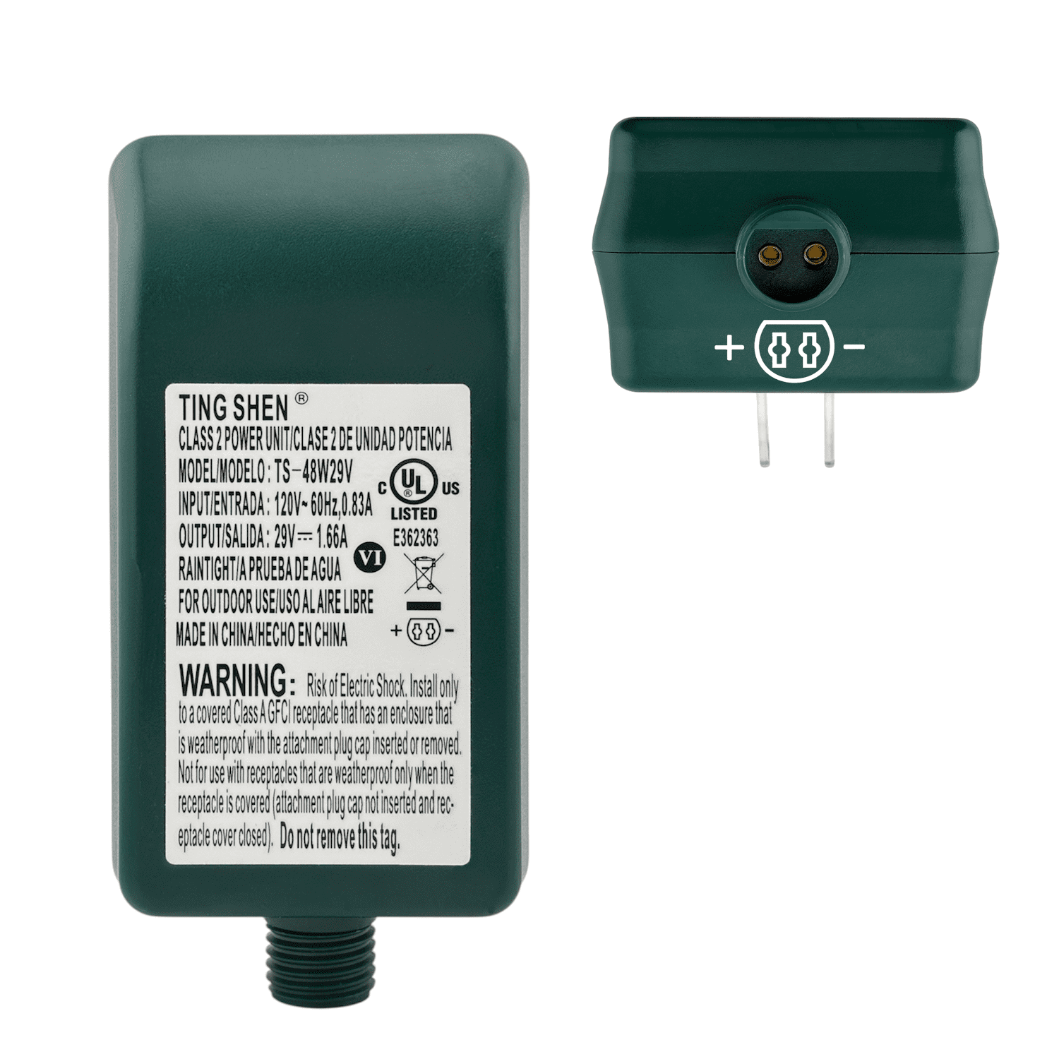 29V 1.66A Power Supply Class 2 LED Transformer LED Raintight IP44 US Plug Adapter, Seasonal-Use LED Driver for LED String Light, Holiday Lighting, Christmas X-Mas Tree TS-48W29V - Left Positive