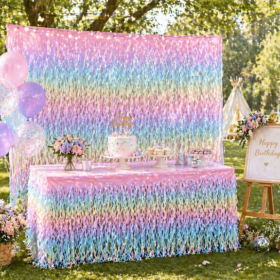 29X108In Sequin Table Skirt Rainbow Gradient Table Skirt Wavy Design Foil Fringe Party Decoration Metallic