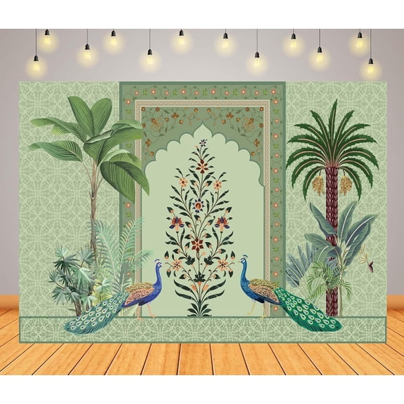 29in*37in Fabric Mughal Garden Backdrop Traditional Mughal Arch with Flower Peacock Trees Green Wall Mural Background for Home Wall Decor Party Decorations Photo Studio Props
