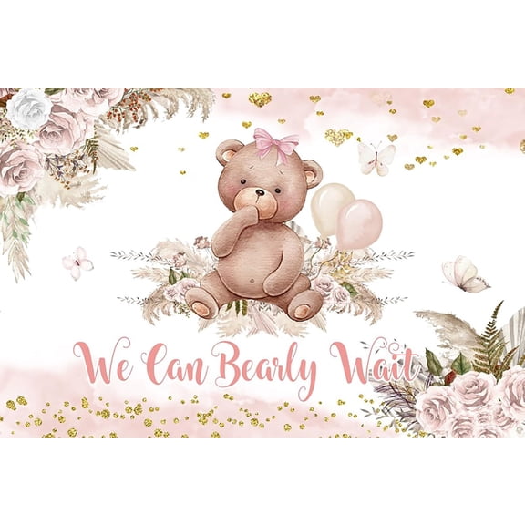29in*37in Pink Baby Shower Backdrop We Can Bearly Wait for Girl Bear Backdrop Party Supplies Photography Decoration Studio Props