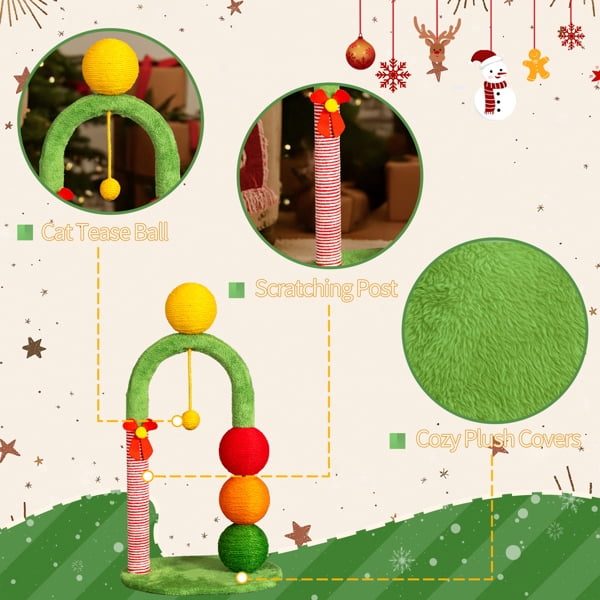 29in Christmas Cat Tree Tower with Sisal Balls - Holiday Cat Scratcher with Candy Cane Post & Dangling Toys for Indoor Cats