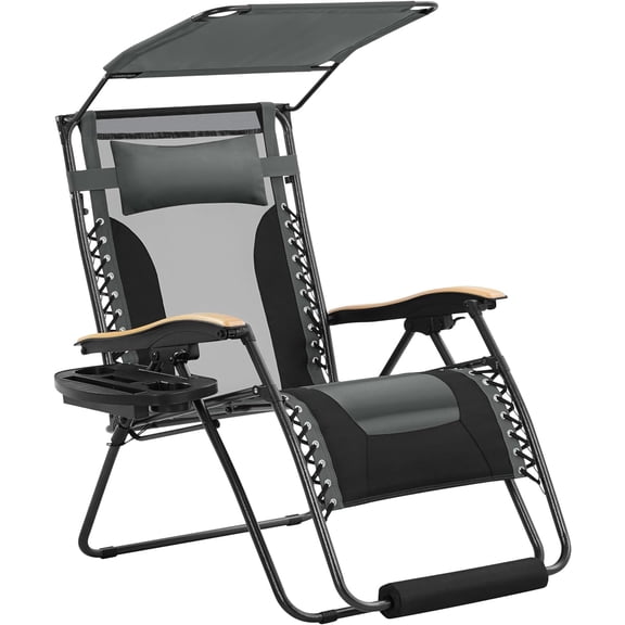29in Zero Gravity Chair, Adjustable Patio Padded Anti Gravity Recliner Foldable Outdoor Lounger with Cup Holder Tray, Canopy Shade and Headrest for Beach Camping Gray/Black/1