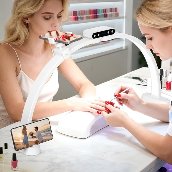 29inch Large Half Moon Light for Nail Tech, 456 LEDs 3 Color Modes Infinitely Knob Arch Nail Light with Screen and Phone Holder Charging Function, Foldable Lighted Lamp for Manicure,Craft-White