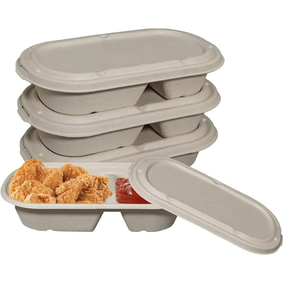 29oz Disposable Bowls with Fiber Lids - 2 Compartment Rectangular Compostable Sugarcane Biodegradable Paper Bowls Eco-Friendly Take Out Food Storage Containers, Microwave Safe, Meal Prep (25 PACK)