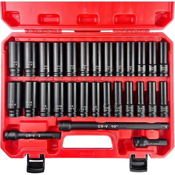 29pcs 1/2" Socket Set, Drive Deep Impact Including 3 ", 5", 10" Extension Bar, Standard SAE (3/8 "- 1") and Metric (10mm-24mm), Cr-V Steel