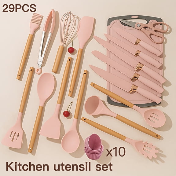 29pcs Non-Stick Cookware Set with Stand - Heavy-Duty Silicone Utensils, Heat Resistant up to 480°F (250°C), Includes Pots, Pans, Spatulas, Whisk, Tongs & Cutting Boards, Easy Clean Set for Home