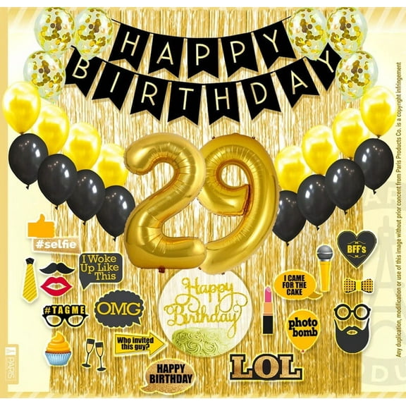 29th Birthday Decoration Black and Gold for Boy & Girl, 29th Cake Topper, 29th Party Supplies for Her and Him, 29th Birthday Photo Props