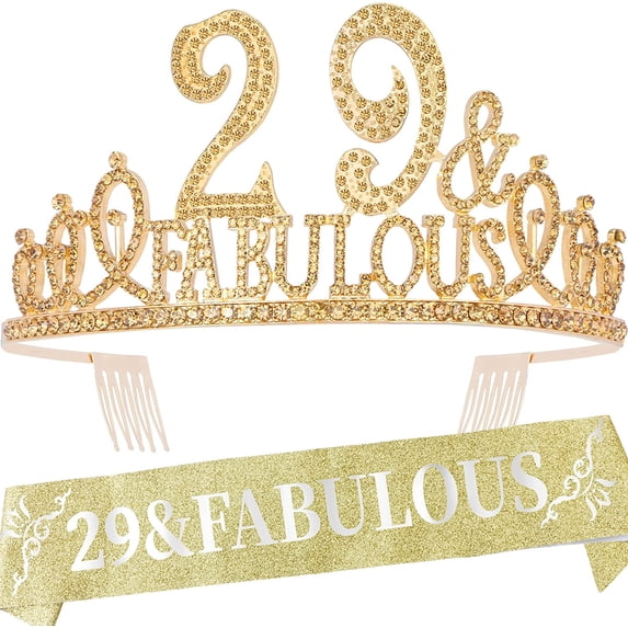 29th Birthday Sash and Tiara for Women - Fabulous Set: Glitter Sash + Fabulous Rhinestone Gold Premium Metal Tiara for Women, 29th Birthday Gifts for 29th Birthday Party